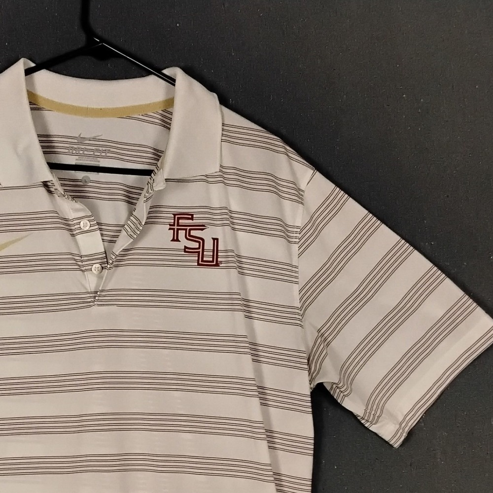 Nike Dri-FIT FSU Florida State Seminoles Polo Shirt Mens L White Striped Logo